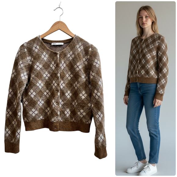 Zara Brown Wool Blend Argyle Print Crew Neck Cropped Cardigan Medium Academia - Picture 1 of 11